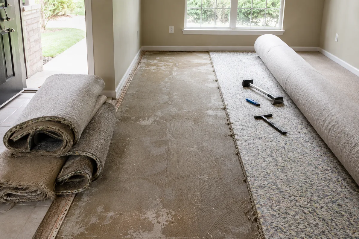 Rolled carpet remnants and installation tools ready for binding work
