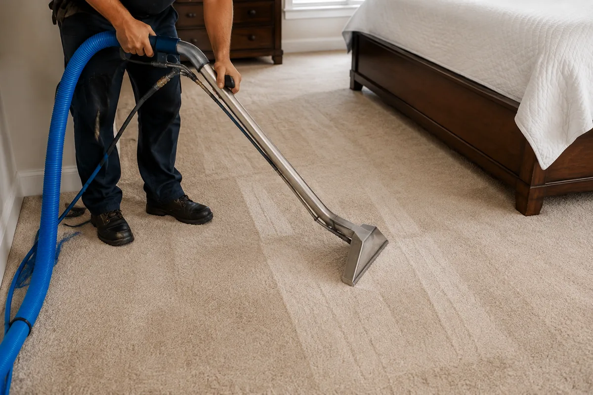 Technician hot-water extraction cleaning a bedroom carpet