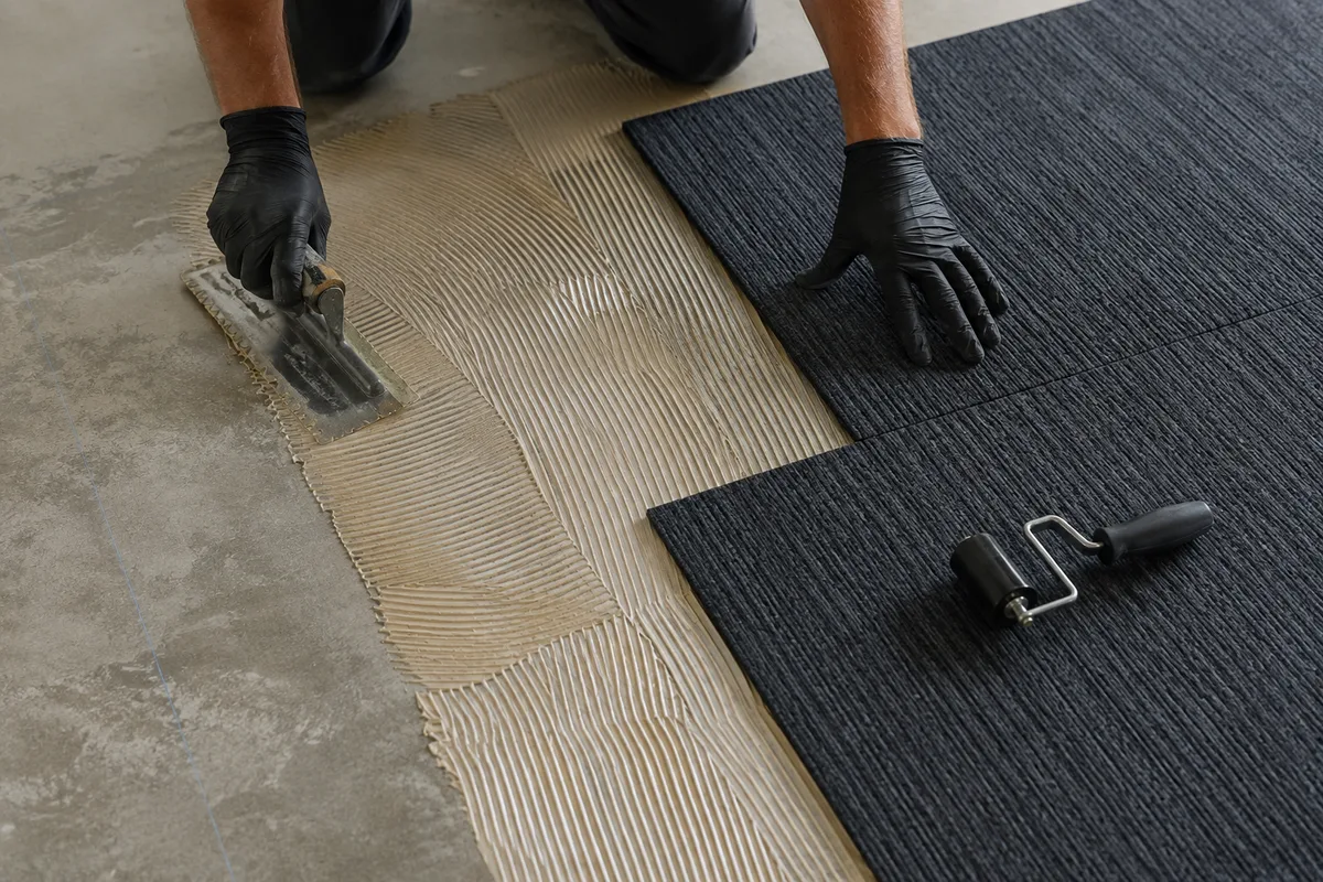 Carpet tile being set into troweled adhesive on a concrete subfloor