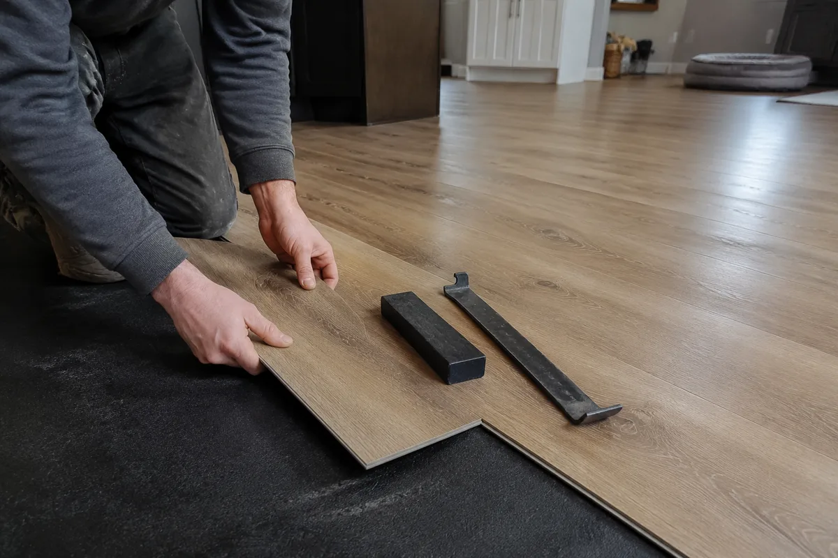 Installer clicking a luxury vinyl plank into place