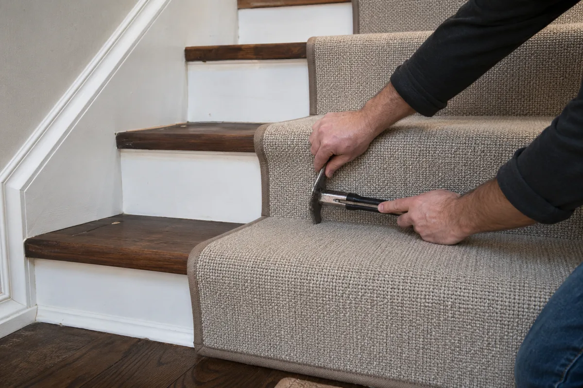 Bound carpet being fitted and stapled onto a stair tread
