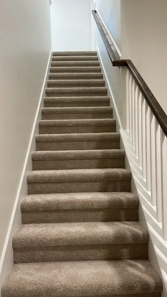 Carpet installed on a full staircase with a wood handrail