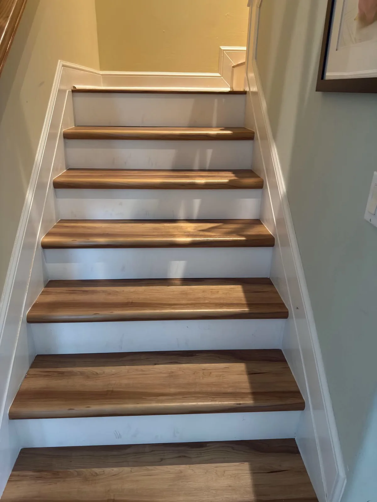 Laminate stair treads with white risers lit by daylight